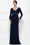 Sophisticated V-neck Floor Length Jersey Sheath Empire Waistline Ruched Cowl Neck Long Sleeves Sheath Dress