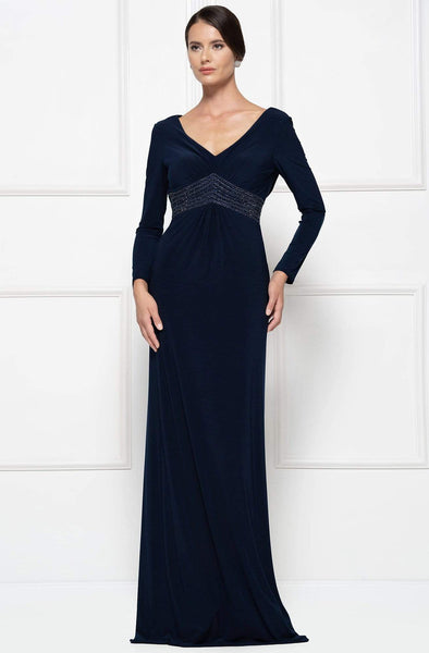 Sophisticated V-neck Cowl Neck Floor Length Sheath Jersey Long Sleeves Ruched Empire Waistline Sheath Dress