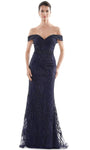 Embroidered Back Zipper Fitted Beaded Mesh Mermaid Off the Shoulder Natural Waistline Dress with a Brush/Sweep Train