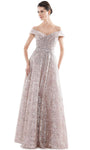 A-line Floor Length Mesh Fitted Embroidered Beaded Back Zipper Off the Shoulder Natural Waistline Dress