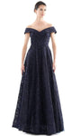 A-line Floor Length Embroidered Back Zipper Beaded Fitted Mesh Off the Shoulder Natural Waistline Dress