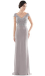 V-neck Floor Length Beaded Fitted Hidden Back Zipper Embroidered Sheer Back Semi Sheer Natural Waistline Faille Cap Sleeves Fit-and-Flare Sheath Sheath Dress