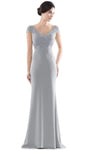 V-neck Faille Natural Waistline Cap Sleeves Embroidered Beaded Semi Sheer Hidden Back Zipper Sheer Back Fitted Floor Length Fit-and-Flare Sheath Sheath Dress