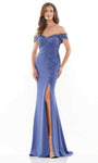 Sophisticated Sweetheart Floor Length Off the Shoulder Sheath Natural Waistline Crepe Beaded Slit Embroidered Back Zipper Sheath Dress/Mother-of-the-Bride Dress with a Brush/Sweep Train