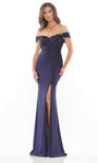 Sophisticated Floor Length Sheath Off the Shoulder Embroidered Slit Beaded Back Zipper Natural Waistline Sweetheart Crepe Sheath Dress/Mother-of-the-Bride Dress with a Brush/Sweep Train