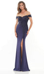 Sophisticated Beaded Back Zipper Slit Embroidered Sweetheart Crepe Off the Shoulder Natural Waistline Sheath Floor Length Sheath Dress/Mother-of-the-Bride Dress with a Brush/Sweep Train