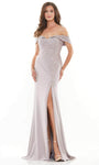 Sophisticated Crepe Beaded Slit Embroidered Back Zipper Sweetheart Sheath Floor Length Natural Waistline Off the Shoulder Sheath Dress/Mother-of-the-Bride Dress with a Brush/Sweep Train