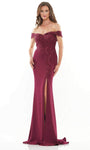 Sophisticated Sweetheart Natural Waistline Sheath Floor Length Off the Shoulder Crepe Embroidered Back Zipper Beaded Slit Sheath Dress/Mother-of-the-Bride Dress with a Brush/Sweep Train