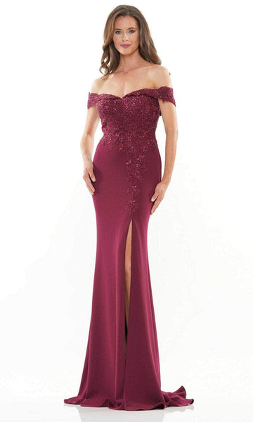 Sophisticated Sweetheart Natural Waistline Off the Shoulder Floor Length Sheath Embroidered Back Zipper Beaded Slit Crepe Sheath Dress/Mother-of-the-Bride Dress with a Brush/Sweep Train