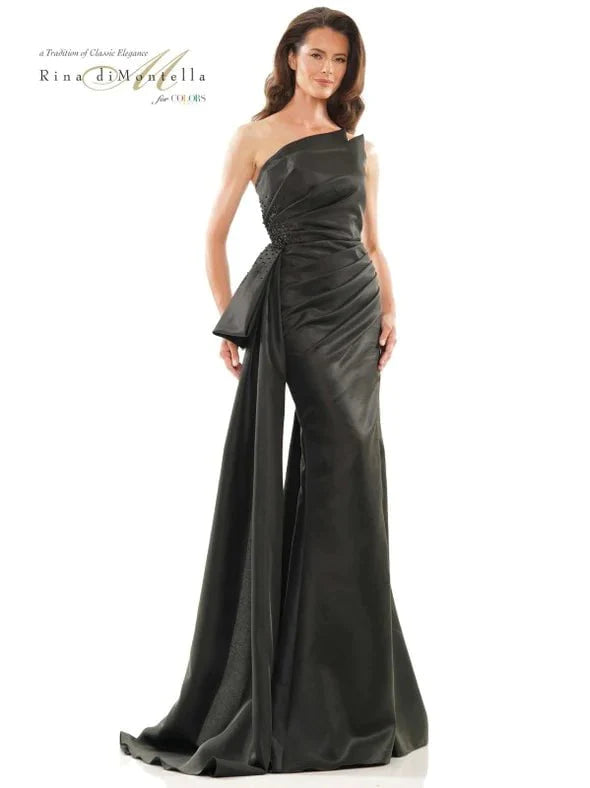 Strapless Mermaid One Shoulder Floor Length Short Natural Waistline Beaded Goddess Asymmetric Evening Dress with a Brush/Sweep Train With a Bow(s) and Rhinestones