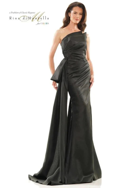 Strapless One Shoulder Floor Length Short Natural Waistline Mermaid Beaded Goddess Asymmetric Evening Dress with a Brush/Sweep Train With a Bow(s) and Rhinestones