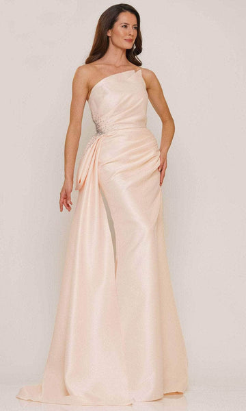 Strapless Beaded Goddess Asymmetric Natural Waistline Mermaid One Shoulder Floor Length Short Evening Dress with a Brush/Sweep Train With a Bow(s) and Rhinestones