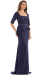 Sophisticated Square Neck Crepe Natural Waistline Belted Beaded Back Zipper Draped 3/4 Sleeves Sheath Floor Length Sheath Dress