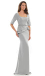 Sophisticated Floor Length Square Neck Crepe Sheath 3/4 Sleeves Belted Back Zipper Beaded Draped Natural Waistline Sheath Dress