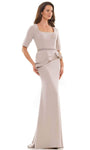 Sophisticated Sheath Crepe 3/4 Sleeves Floor Length Square Neck Draped Back Zipper Beaded Belted Natural Waistline Sheath Dress