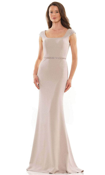 Natural Waistline Cap Sleeves Floor Length Belted Beaded Back Zipper Sheath Crepe Square Neck Sheath Dress with a Brush/Sweep Train