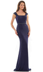 Square Neck Floor Length Sheath Beaded Back Zipper Belted Cap Sleeves Natural Waistline Crepe Sheath Dress with a Brush/Sweep Train