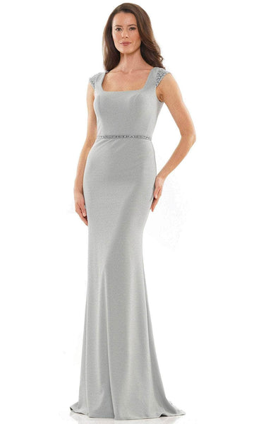 Crepe Sheath Floor Length Belted Back Zipper Beaded Square Neck Natural Waistline Cap Sleeves Sheath Dress with a Brush/Sweep Train