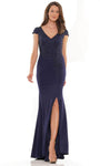 Sophisticated V-neck Applique Open-Back Beaded Back Zipper Slit Cap Sleeves Sheath Natural Waistline Floor Length Sheath Dress with a Brush/Sweep Train