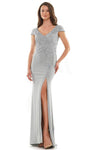 Sophisticated V-neck Beaded Open-Back Slit Applique Back Zipper Floor Length Sheath Cap Sleeves Natural Waistline Sheath Dress with a Brush/Sweep Train