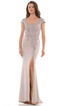 Sophisticated V-neck Beaded Back Zipper Open-Back Applique Slit Natural Waistline Sheath Cap Sleeves Floor Length Sheath Dress with a Brush/Sweep Train