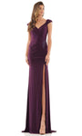 V-neck Jersey Floor Length Sheath Slit Back Zipper Pleated V Back Stretchy Beaded Faux Wrap Fitted Ruched Natural Waistline Cap Sleeves Plunging Neck Sheath Dress with a Brush/Sweep Train