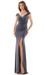 V-neck Plunging Neck Floor Length Cap Sleeves Jersey Sheath Natural Waistline Stretchy Slit Back Zipper Pleated V Back Faux Wrap Fitted Beaded Ruched Sheath Dress with a Brush/Sweep Train