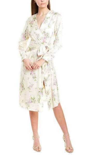 A-line V-neck Natural Tie Waist Waistline Floral Print Long Sleeves Slit Faux Wrap Above the Knee Dress