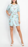 Short Sleeves Sleeves Floral Print Natural Tie Waist Waistline Keyhole Sheath Cocktail Short Jeweled Neck Sheath Dress