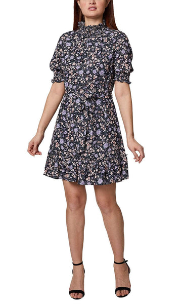 A-line High-Neck Short Ruffle Trim Puff Sleeves Short Sleeves Sleeves Ruched Wrap Natural Tie Waist Waistline Floral Print Dress