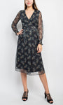 A-line V-neck Paisley Print Flutter Long Sleeves Faux Wrap Mesh Tea Length Natural Tie Waist Waistline Dress