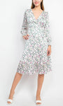 A-line V-neck Floral Print Above the Knee Natural Tie Waist Waistline Bishop Long Sleeves Faux Wrap Hidden Back Zipper Dress With Ruffles