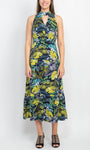 A-line Floral Print Cutout Keyhole Self Tie Elasticized Natural Waistline Halter Tea Length Sleeveless Dress