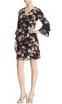 V-neck Polyester Sheath Fitted Back Zipper Natural Waistline Flutter Long Sleeves Cocktail Above the Knee Floral Print Sheath Dress/Party Dress