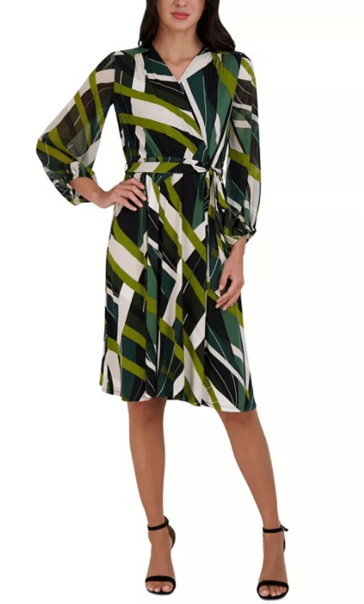 V-neck Short Long Sleeves Elasticized Natural Tie Waist Waistline Abstract Print Sheath Sheath Dress