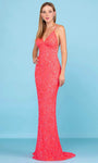 Sexy Sophisticated V-neck Sheath Side Zipper Beaded Sequined Backless Slit Empire Waistline Floor Length Sleeveless Sheath Dress/Evening Dress with a Brush/Sweep Train