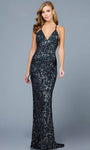 Sexy Sophisticated V-neck Sleeveless Floor Length Sequined Side Zipper Beaded Slit Backless Empire Waistline Sheath Sheath Dress/Evening Dress with a Brush/Sweep Train