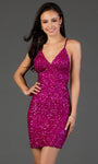 Sexy V-neck Cutout Open-Back Fitted Sequined Beaded Natural Waistline Sheath Cocktail Short Sleeveless Sheath Dress