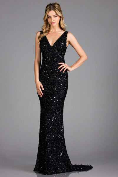 Sophisticated V-neck Plunging Neck Sequined V Back Fitted Glittering Natural Waistline Sheath Sleeveless Sheath Dress with a Brush/Sweep Train