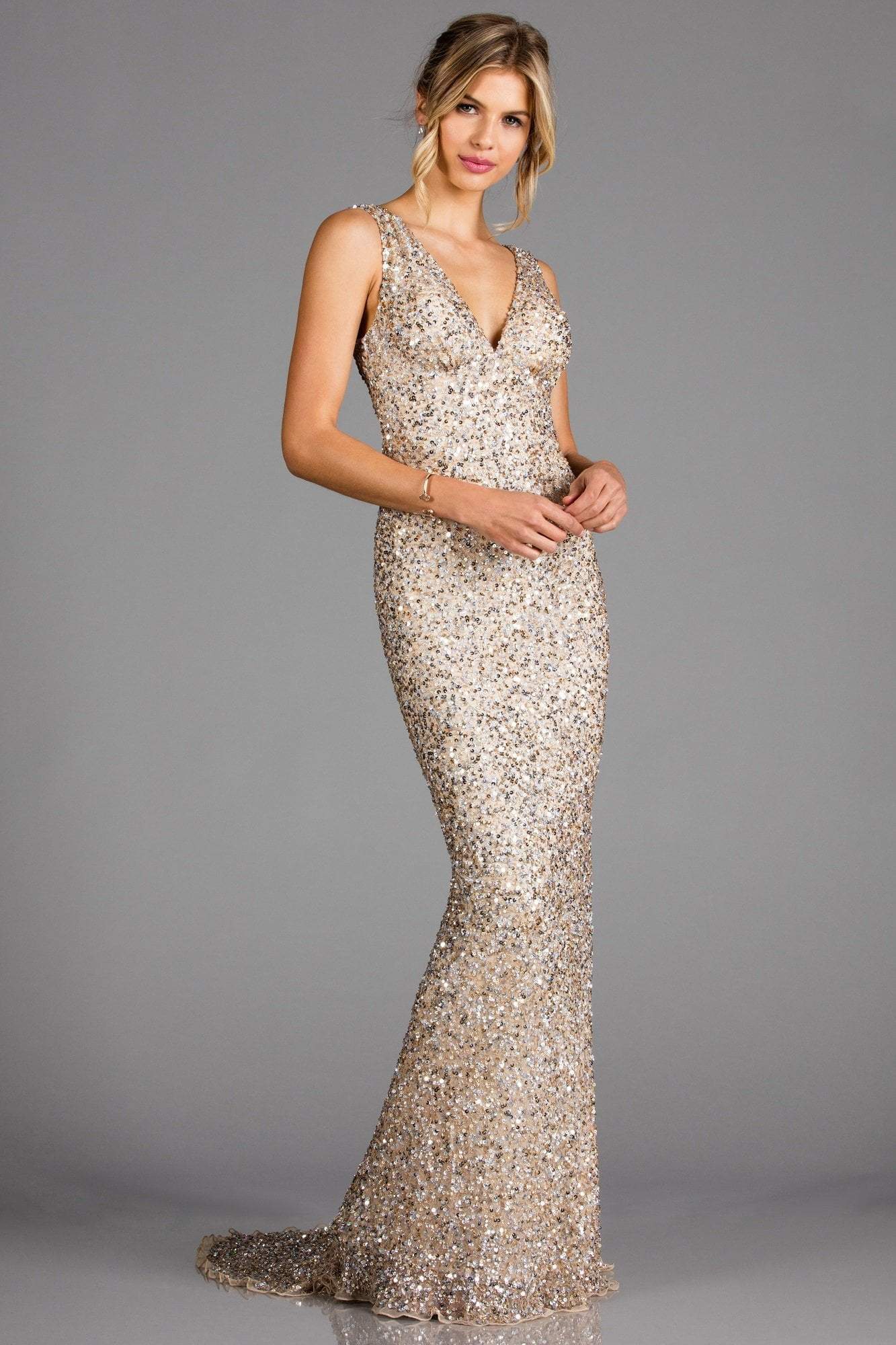 SCALA - 48883 Sequined Plunging V-neck Sheath Dress With Train