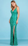 V-neck Halter Plunging Neck Sleeveless Natural Waistline Floor Length Fitted Open-Back Slit Sequined Back Zipper Sheath Sheath Dress