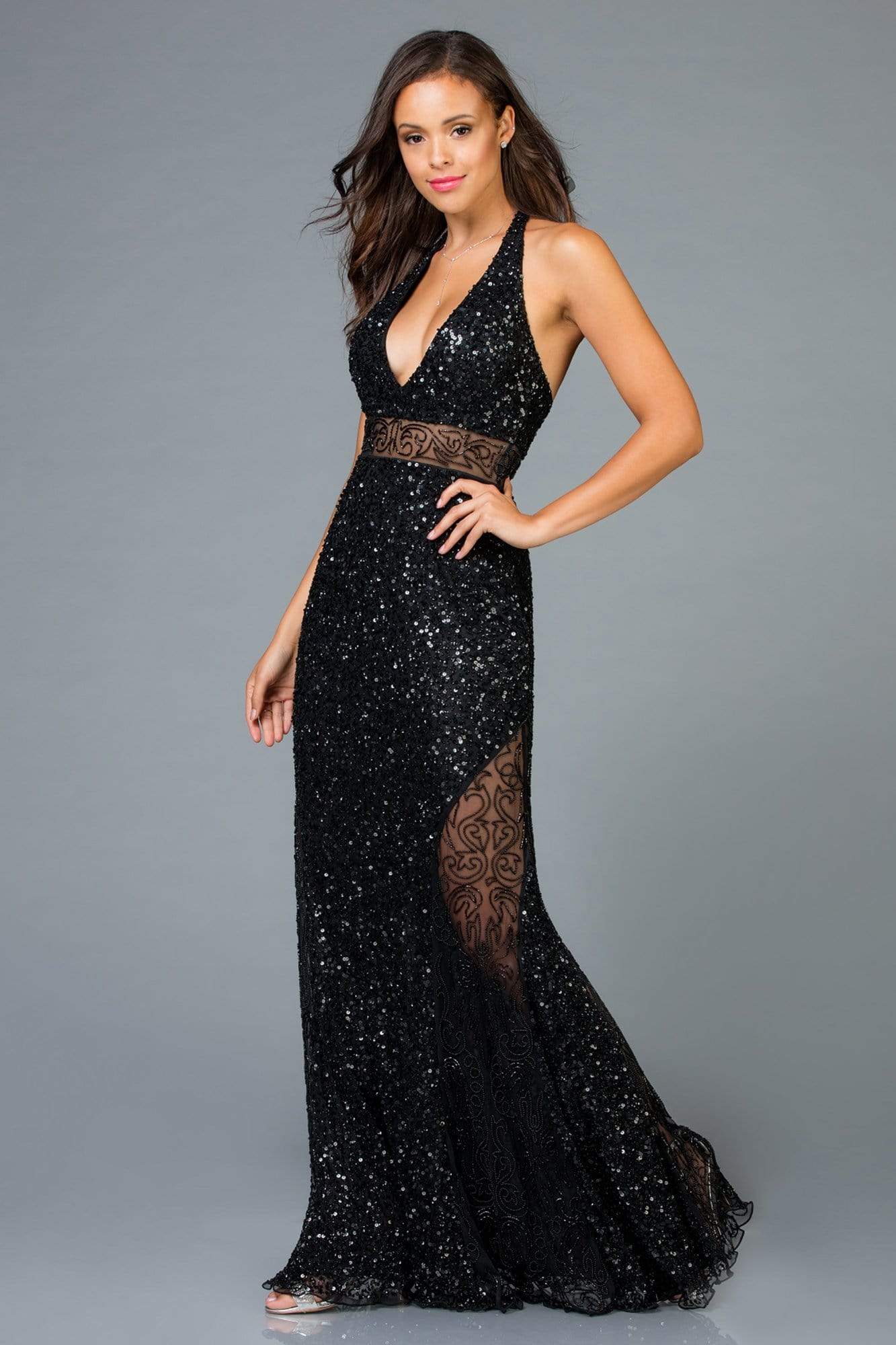 SCALA - 48983 Sequined Deep V-neck Fitted Dress
