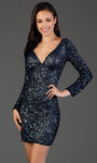 V-neck Long Sleeves Plunging Neck Sheath Sequined Back Zipper Fitted V Back Natural Waistline Cocktail Above the Knee Sheath Dress/Party Dress