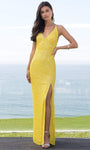 V-neck Open-Back Sequined Fitted Slit Spaghetti Strap Plunging Neck Dress with a Brush/Sweep Train by Scala