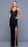 V-neck Slit Beaded Back Zipper Open-Back Sheath Natural Waistline Sleeveless Spaghetti Strap Floor Length Sheath Dress/Evening Dress with a Brush/Sweep Train