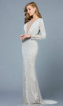 Sophisticated V-neck Open-Back Beaded Back Zipper Sheer Illusion Jeweled Floor Length Jeweled Neck Plunging Neck Long Sleeves Natural Waistline Mermaid Dress with a Brush/Sweep Train