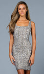 Sleeveless Thick Straps Cocktail Above the Knee Sheath Natural Waistline Square Neck Fitted Open-Back Back Zipper Beaded Sequined Sheath Dress