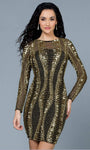 Natural Waistline Cocktail Short Jeweled Neck Sheath Jeweled Sheer Back Fitted Illusion Sequined Mesh Hidden Back Zipper Sheer Beaded Long Sleeves General Print Sheath Dress