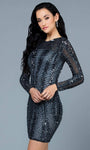 General Print Jeweled Mesh Sheer Sheer Back Hidden Back Zipper Beaded Illusion Fitted Sequined Sheath Long Sleeves Natural Waistline Cocktail Short Jeweled Neck Sheath Dress