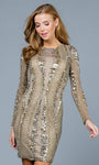 Jeweled Neck General Print Long Sleeves Cocktail Short Natural Waistline Sheath Beaded Mesh Sheer Hidden Back Zipper Fitted Sequined Sheer Back Illusion Jeweled Sheath Dress